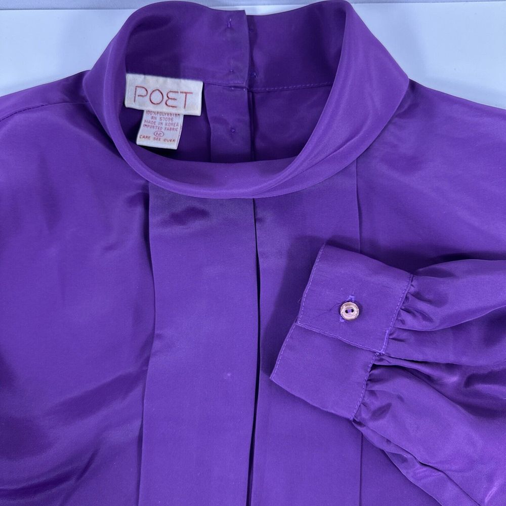 Vintage‎ 80s Poet Blouse Shirt Women's 12 Purple Folded Collar Careerwear